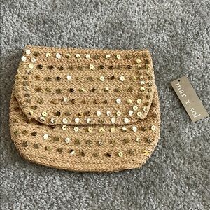 NWT MAR Y SOL raffia straw clutch purse bag gold flower sequins